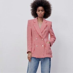 Zara Tailored Double Breasted Blazer Lapel Collar Long Sleeve Red Front Pockets